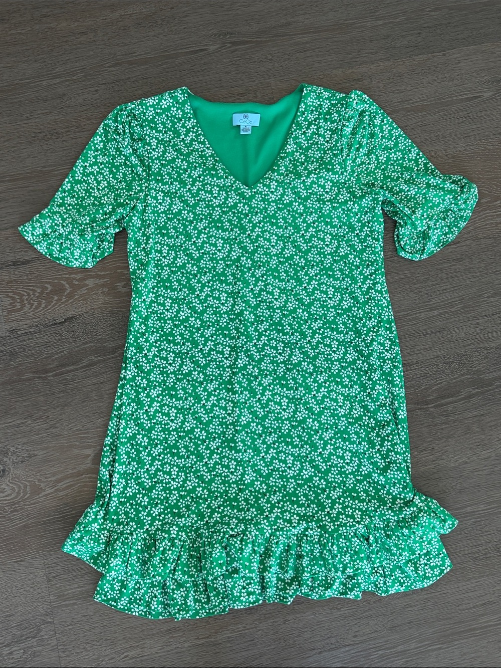 Green Floral V-Neck Dress with Ruffle Hem